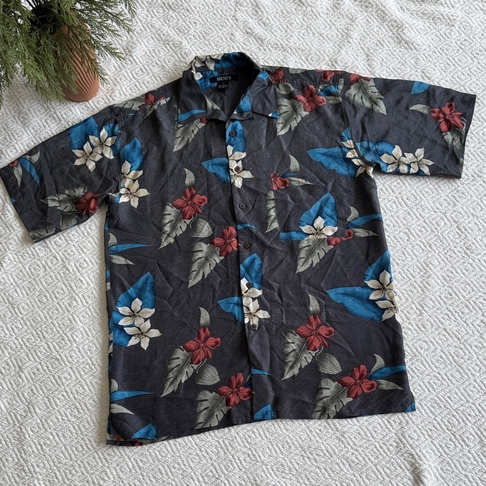 Bruno Tropical Floral Men's Shirt 100% Silk Size M